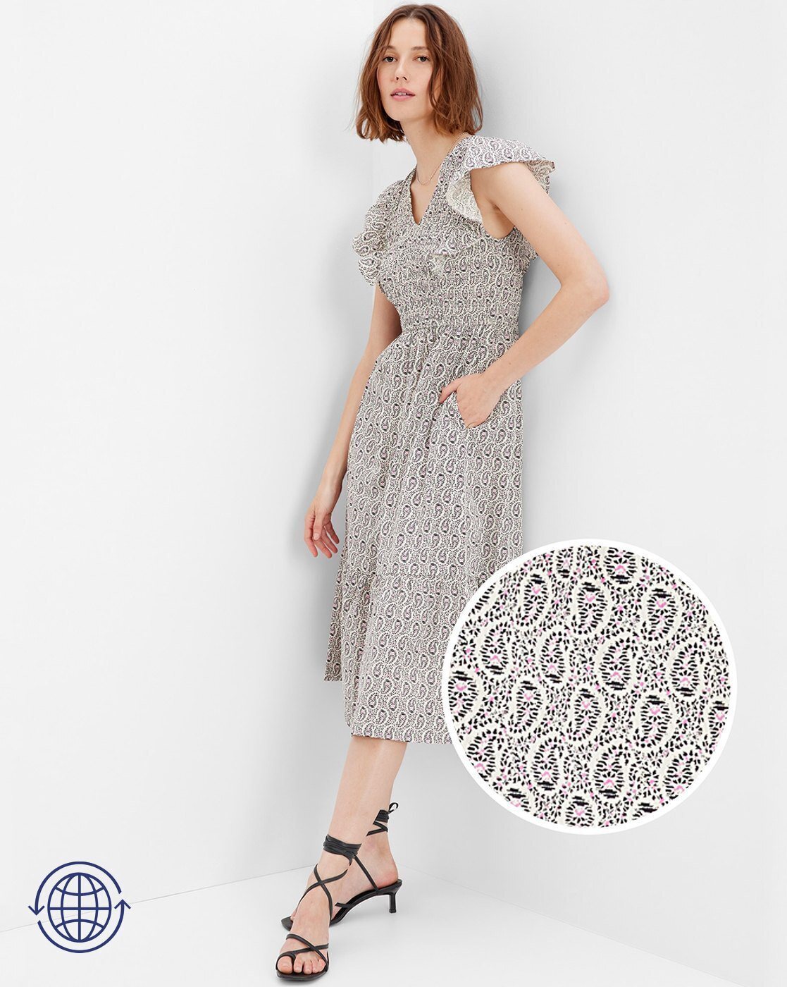 Printed Smocked V-Neck Fit & Flare Dress