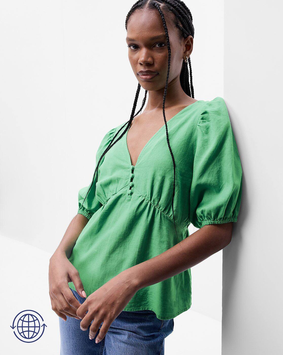 V-Neck Linen Top With Puff Sleeves