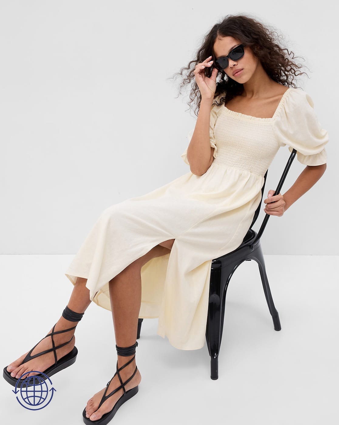 Square-Neck Smocked Midi Dress