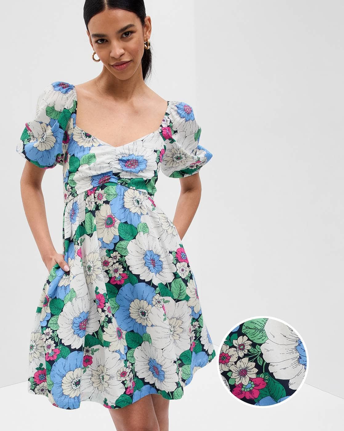Floral Print Empire Dress with Insert Pocket