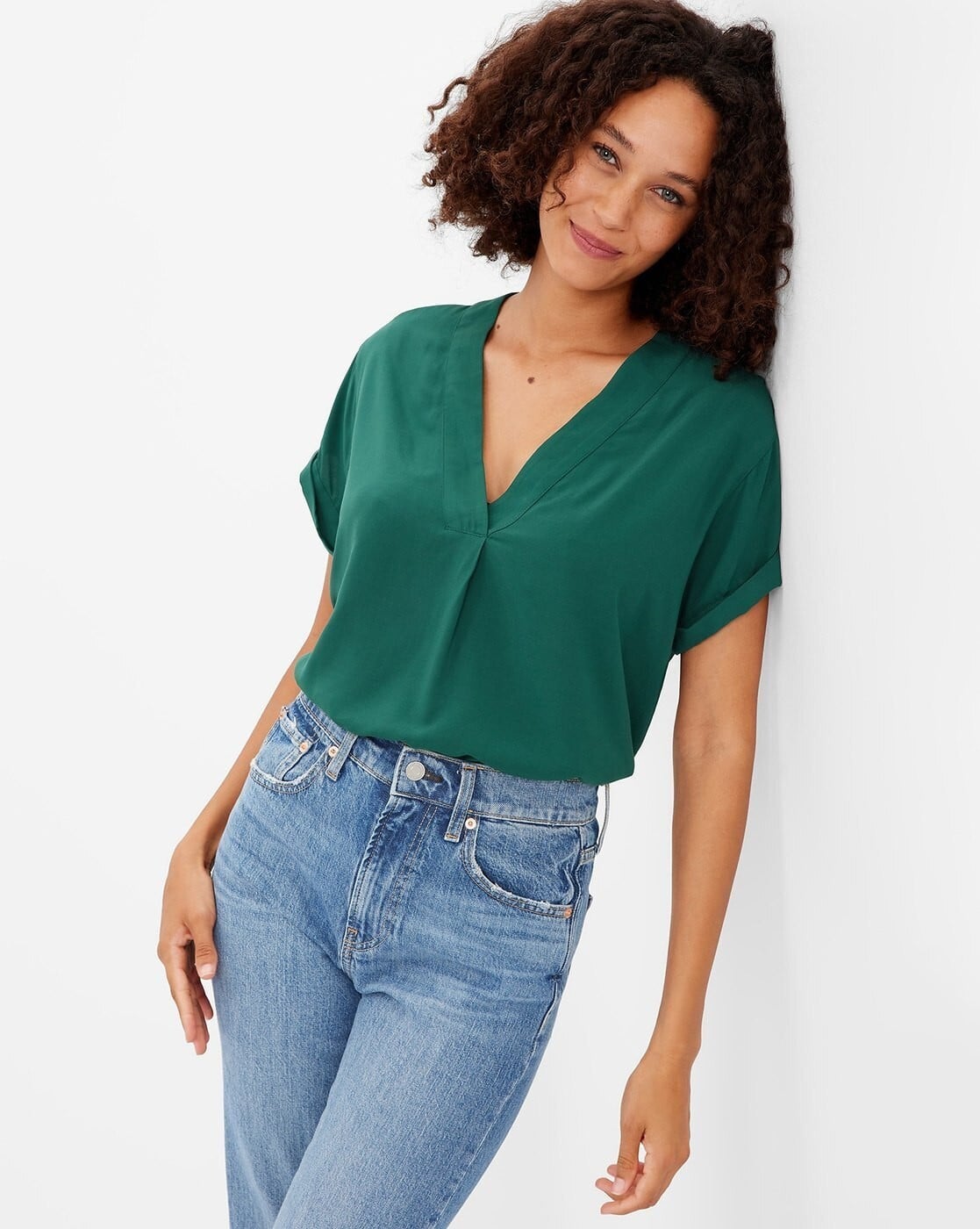 V-Neck Top with Drop-Shoulder Sleeves