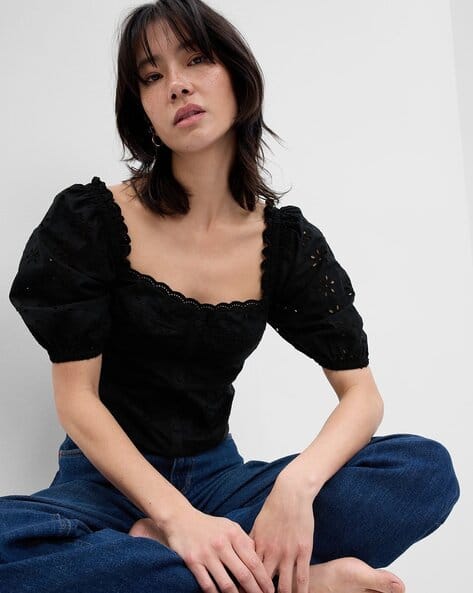 square neck black tops with puff sleeves