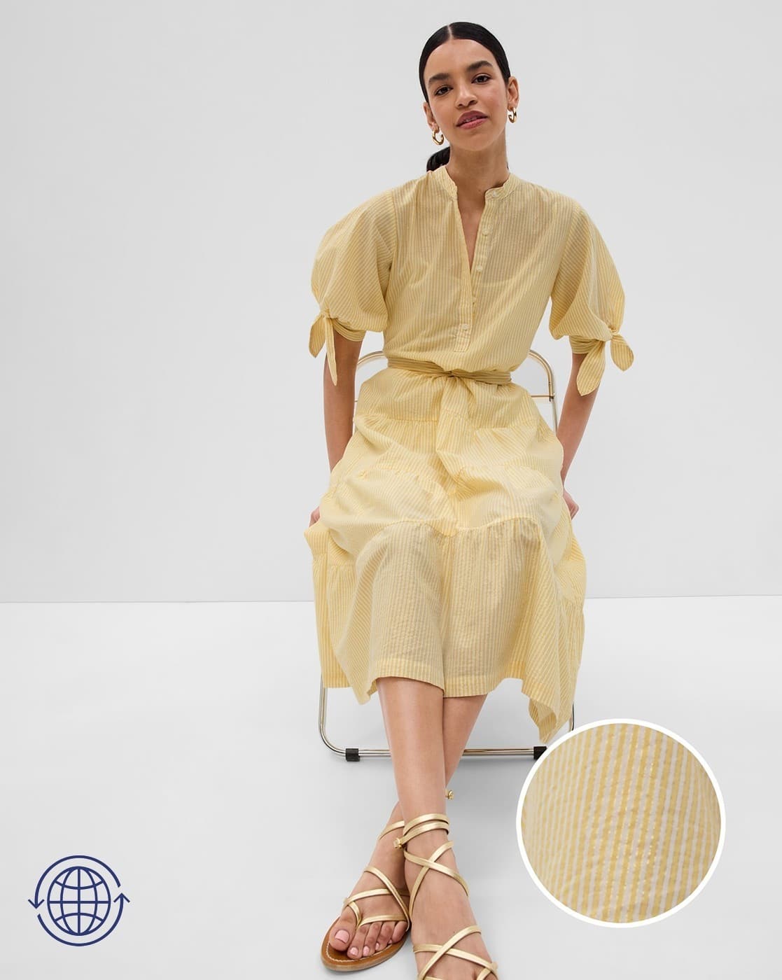 Striped Tiered Dress with Waist Tie-Up