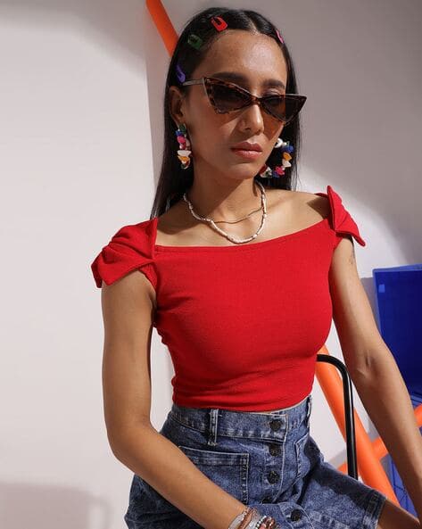 Women Slim Fit Off-Shoulder Crop Top with Bow Accent