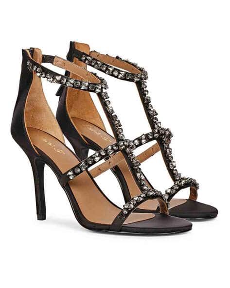 Stone Embellished Black Strappy Leather Stilettos