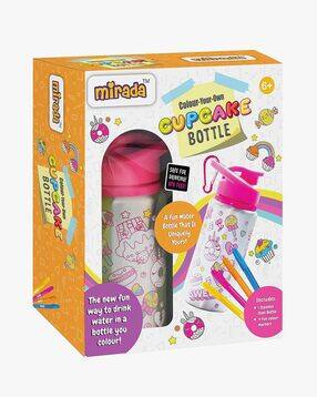 Colour Your Own Cupcake Stainless Steel Water Bottle by Mirada with Flip Lid for Kids with 4 Fun Colour Markers 3 Years+