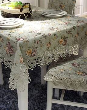 Floral Print 6-Seater Rectangular Dining Table Cover with Lace Border