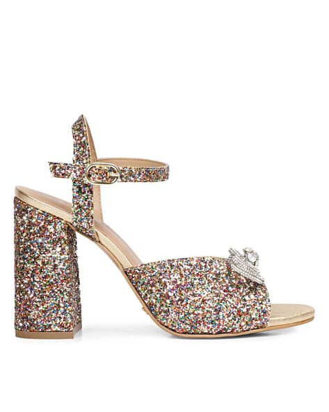Embellished Bow Detail Leather Block Chunky Heeled Sandals