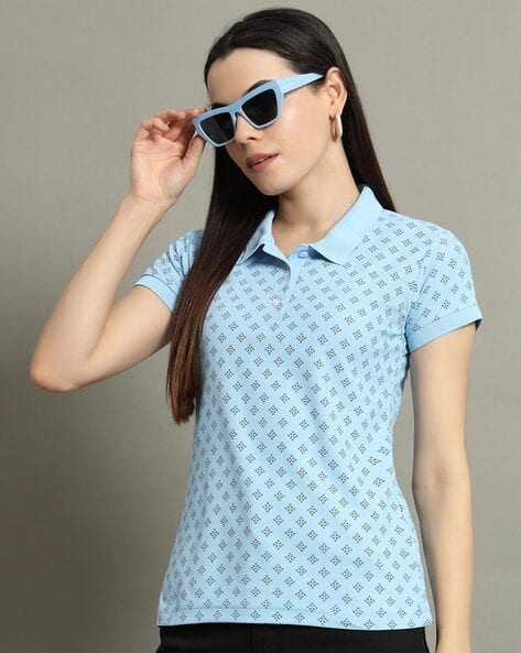 Women Micro Print Regular Fit Polo T-Shirt with Short Sleeves