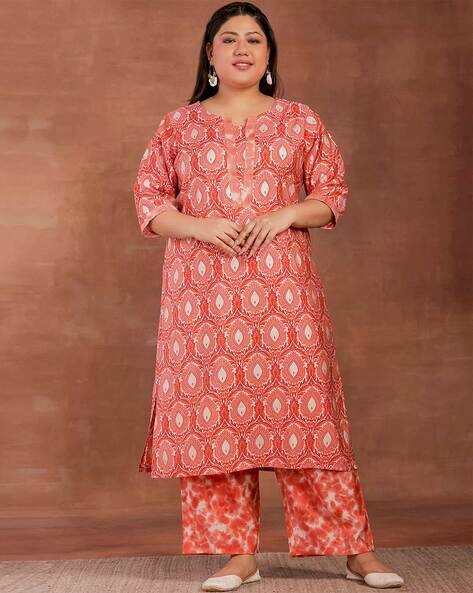 MIMOSA Women's Straight Kurta - Peach Orange Printed Long Tunic, Round Neck, Front & Side Slits