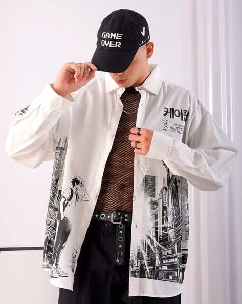 The Indian Garage Co ANIME - Men Anime Printed Cotton Oversized Boxy Streetwear Shirt