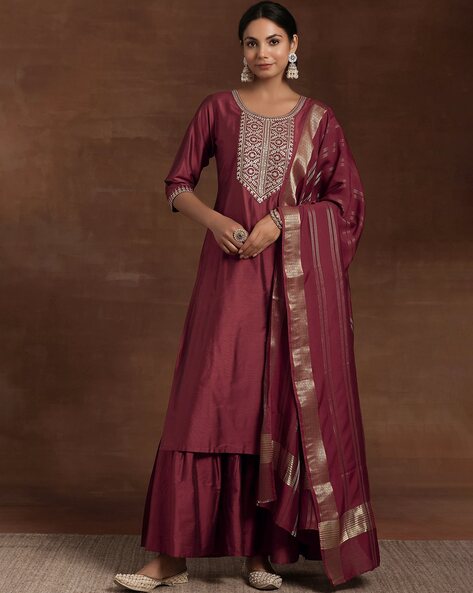 Women Embroidered Straight Kurta with Sharara & Dupatta