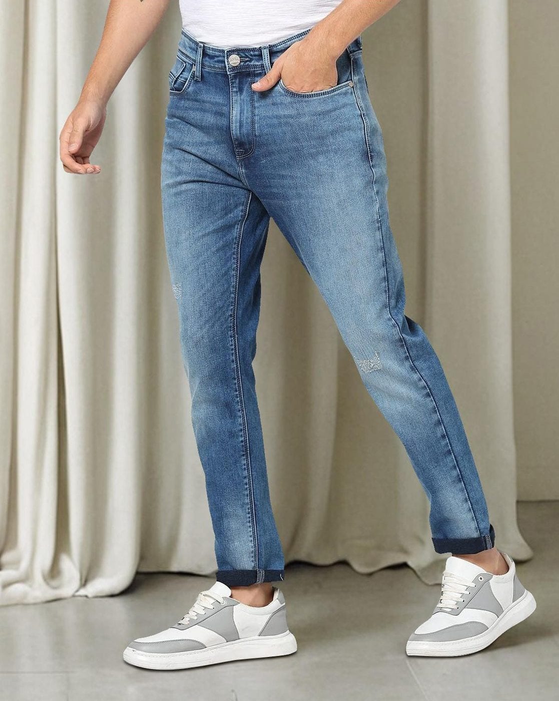 Men Heavily Washed Straight Jeans