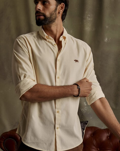 Men Embroidered Regular Fit Shirt with Curved Hem