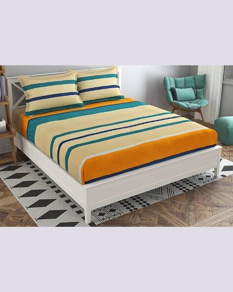 RRC Striped Fitted Double Bedsheet with Pillow Covers