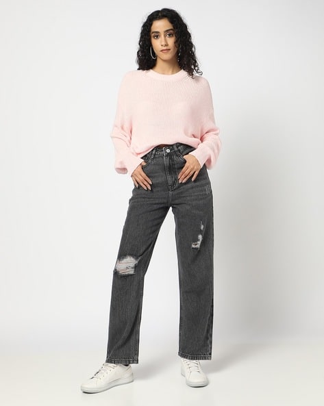 Ajio Black Jeggings Distressed Women Lightly Washed Distressed