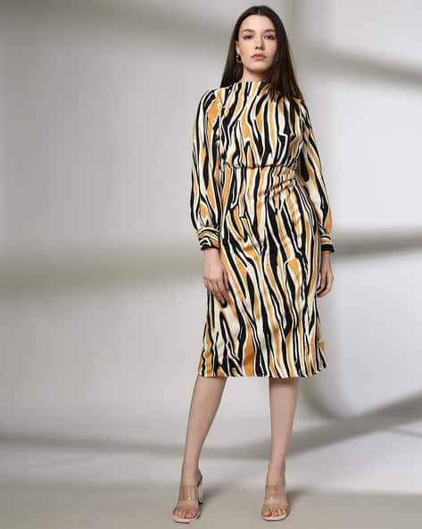 Women Animal Print Shift Dress with Cuffed Sleeves