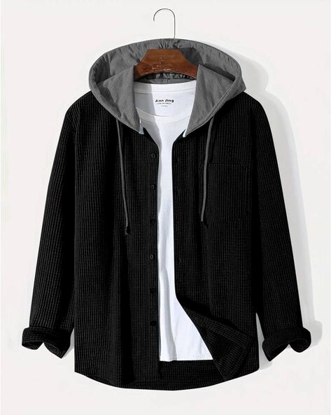 Men Ribbed Regular Fit Hooded Shirt with Patch Pocket