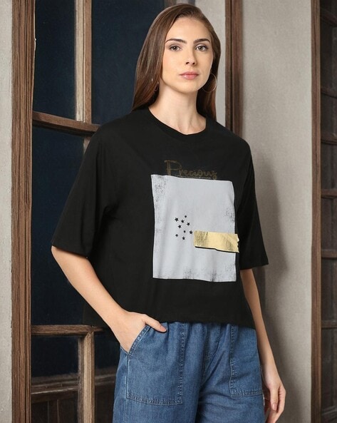 Women Printed Cotton Boxy Fit Round-Neck T-Shirt