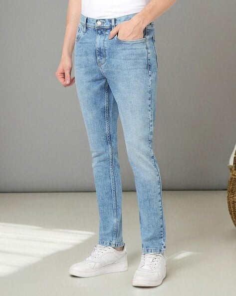 Men Mid-Wash Straight Jeans deal from ajio