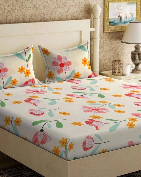 KLOTTHE Cream Floral 300 TC Cotton Blend Double Bedsheet with 2 Pillow Covers