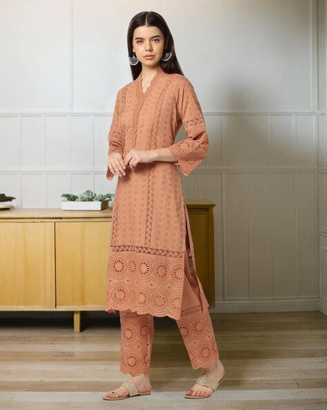 Women Schiffli Embroidered Straight Kurta & Pants Set