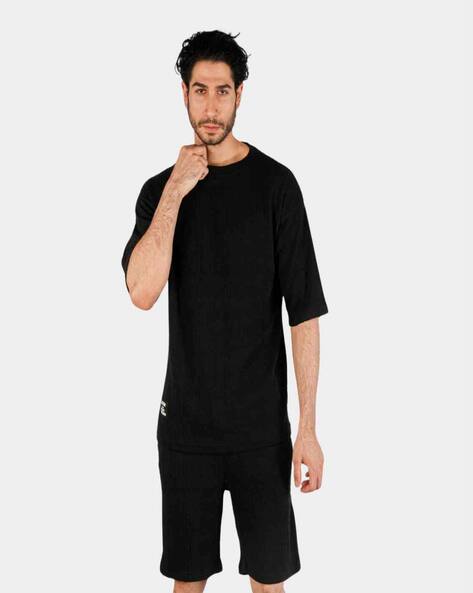 Men Cable-Knit Crew-Neck T-Shirt Shorts Co-Ord Set