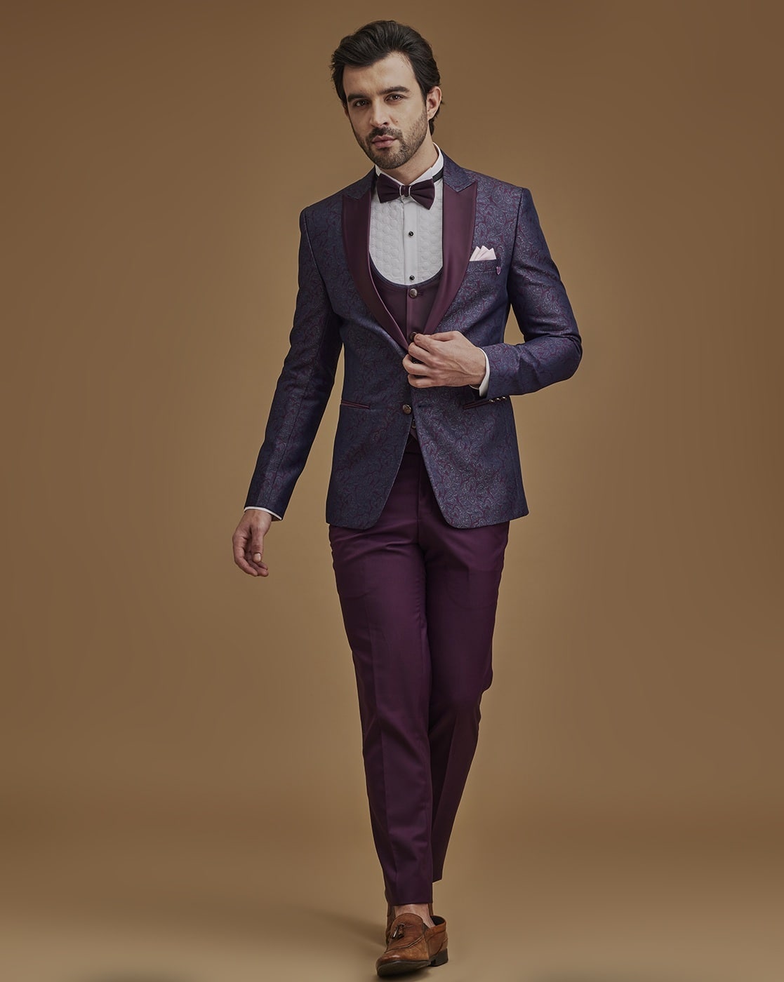 Men Paisley Regular Fit Shirt Blazers Pants Waistcoat Bow Suit Set