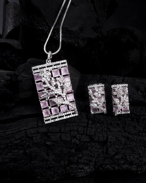 STILEADDA Women Silver-Plated Square American Diamond Pendant Chain with Earrings