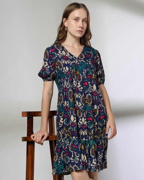 Women Ikat Print Tiered Dress