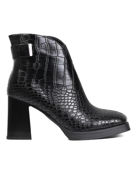 Square Toe Croc Black Boots Women Croc-Embossed Square-Toe Ankle