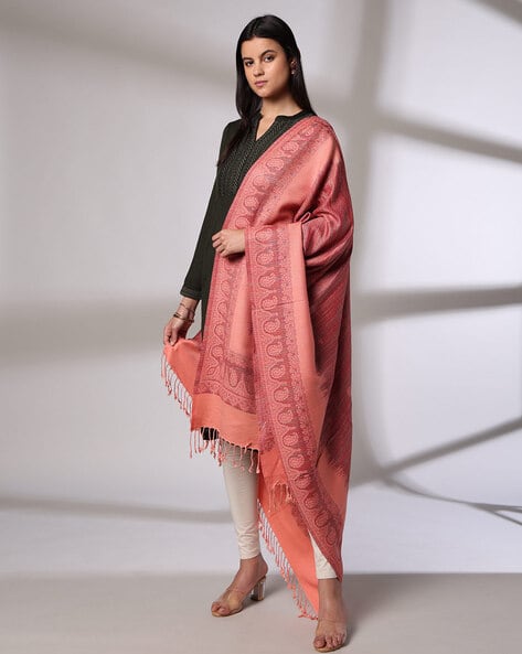 Women Paisley-Knit Winter Shawl with Tassels Price in India, Full