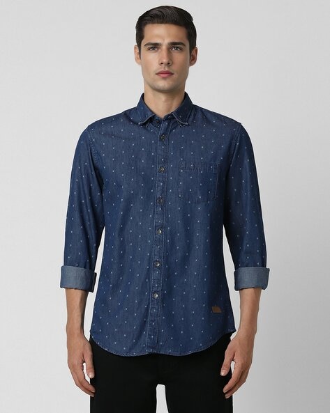 Men Micro Print Slim Fit Shirt with Patch Pocket