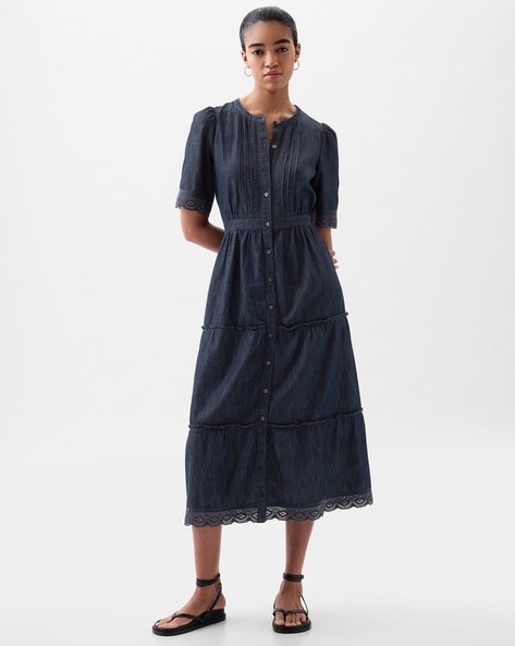 Women Pleated Collar Tiered Denim Dress