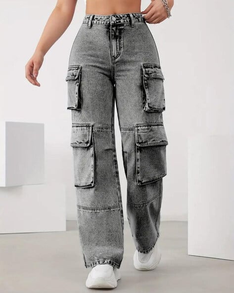 Women Mid-Wash Wide-Leg Cargo High-Rise Jeans