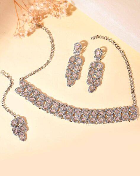 VALLEY OF JEWELLERY (VOJ) Women Silver-Plated Stone-Studded Necklace Mangtikka with Earrings Jewellery Set