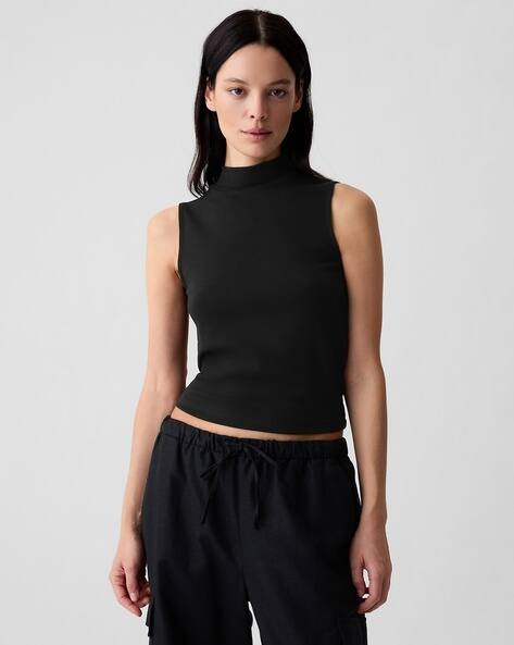 black sleeveless mock turtleneck top