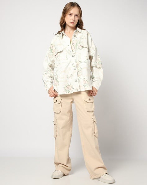 Women Floral Print Oversized Denim Jacket - Main Image