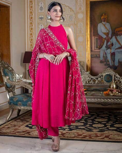 Women Halter-Neck Anarkali Kurta with Pants & Embroidered Dupatta