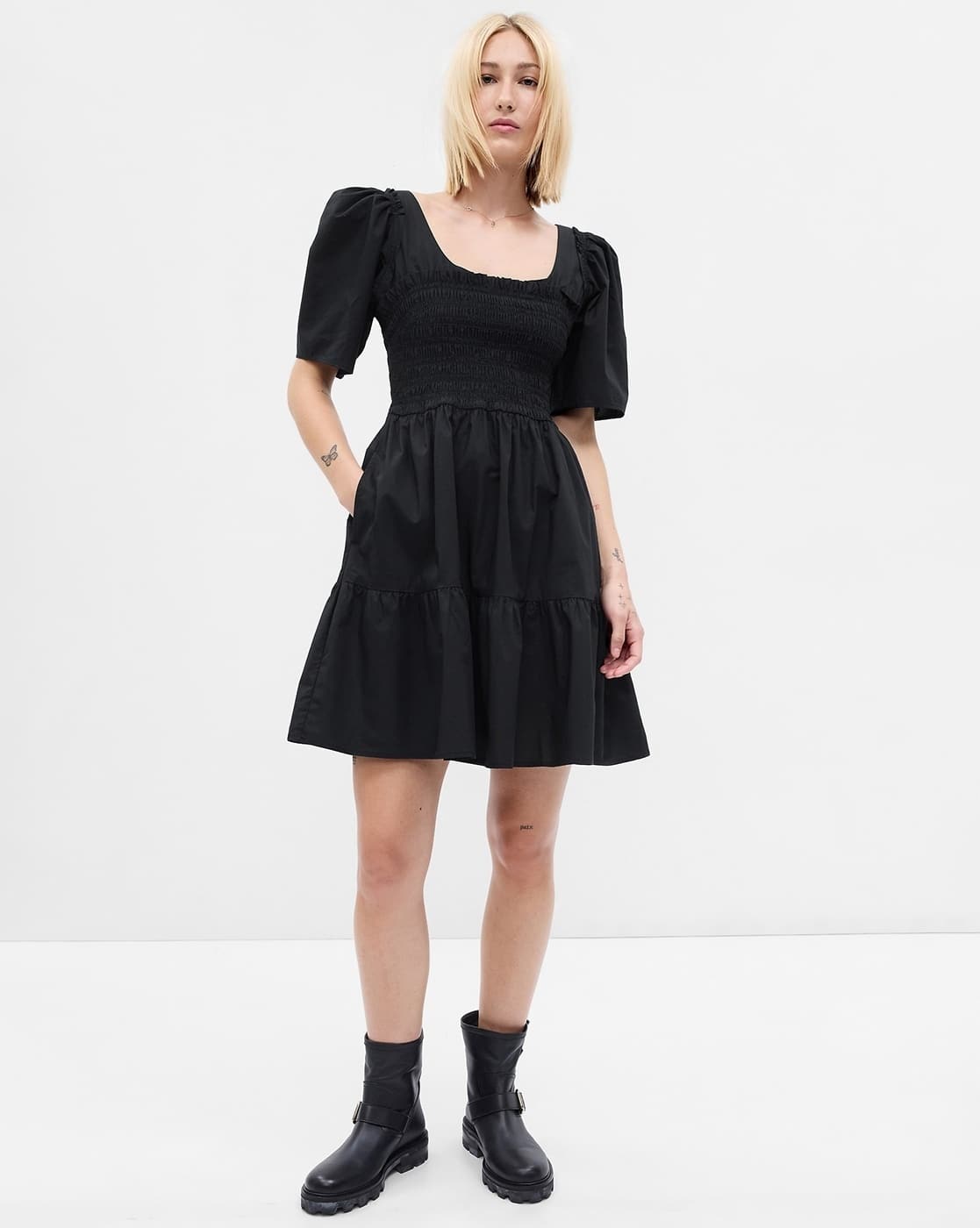Solid Scoop-Neck Smocked Midi Dress