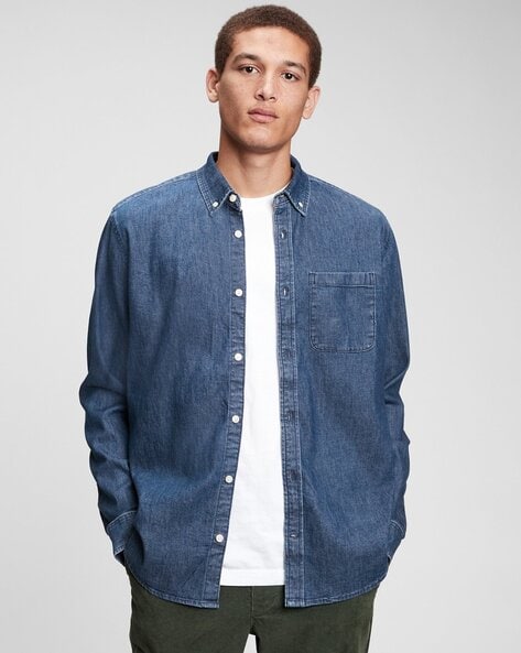 Denim Shirt with Button-Down Collar