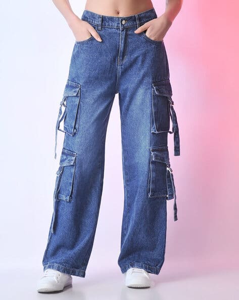 Women Lightly Washed Straight Fit Cargo Jeans
