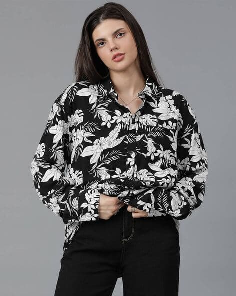 KOTTY Women Floral Print Oversized Fit Knitted Shirt