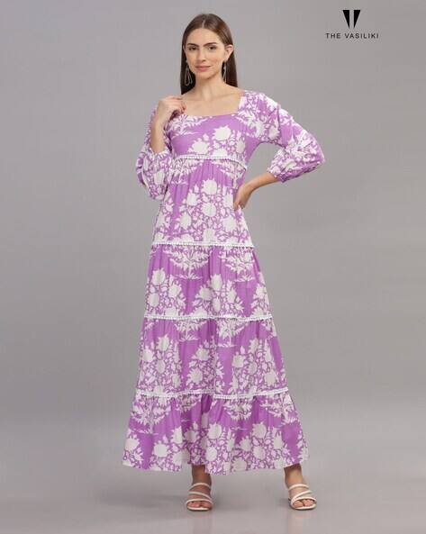 THE VASILIKI Women Floral Print Square-Neck Tiered Dress