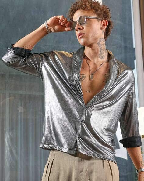 Men Silver T Shirt Men Regular Fit Stylised-Neck T-Shirt