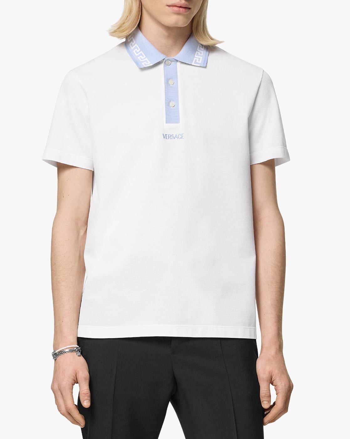 Tシャツ・カットソー VERSACE White Piquet Polo Shirt Versace Logo Piquet Polo Shirt - White - Men