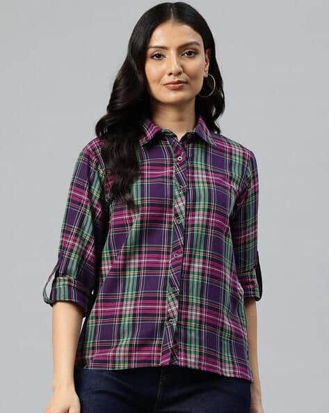 Women Checked Shirt with Spread Collar