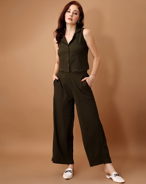 Women Cropped Shirt & Pants Co-Ord Set