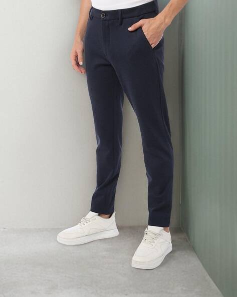 Men Patterned Cropped Slim Fit Flat-Front Trousers