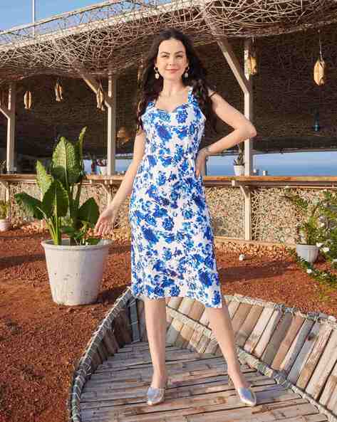 blue and white floral bodycon dress Cadence Mini Dress main image 1